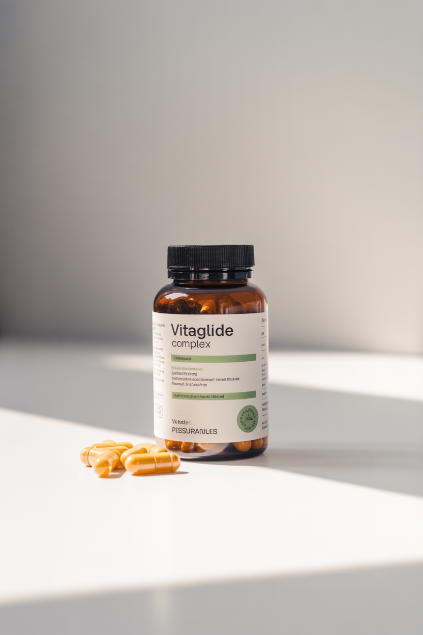 Vitaglide bottle illustration in teal and dark charcoal